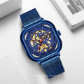 2019 Fashion Blue Steel Skeleton Automatic Mechanical Watch BIDEN 0196 Men Mesh Strap Sport Business Wrist Watches